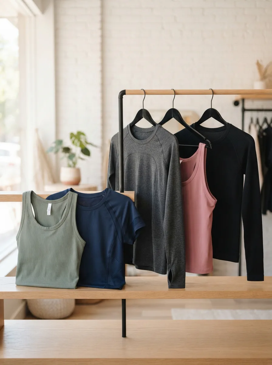 A curated collection of Balance Collection activewear tops displayed in a bright, inviting setting.