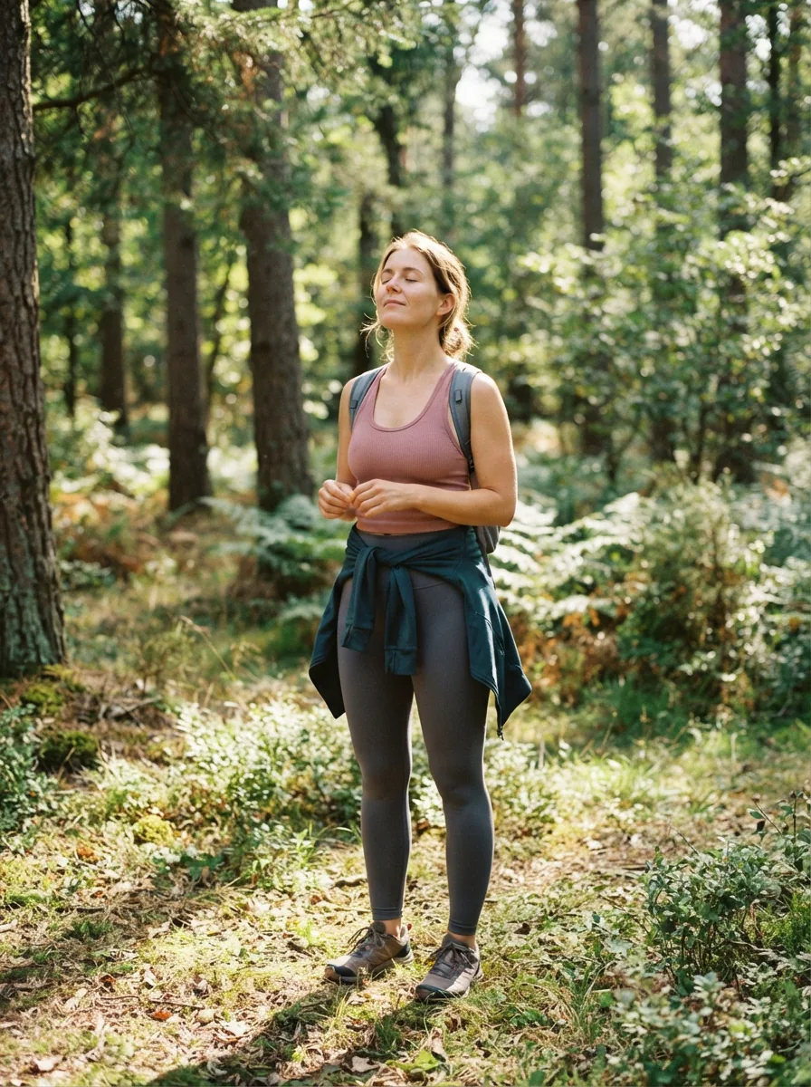 Active woman enjoying a peaceful moment outdoors in versatile activewear