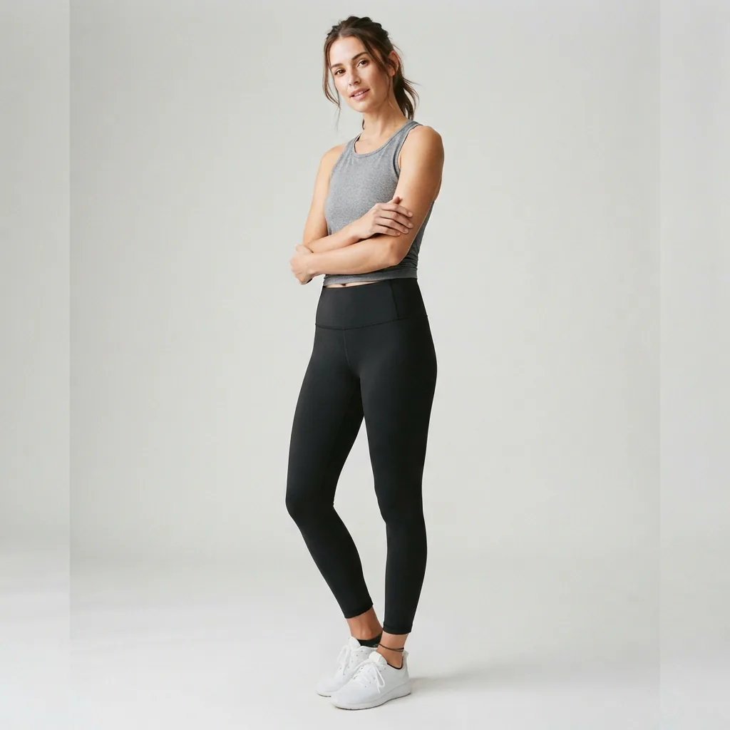 Model wearing the Eclipse Easy Elastic-Free Waistband Ankle Legging in a neutral color