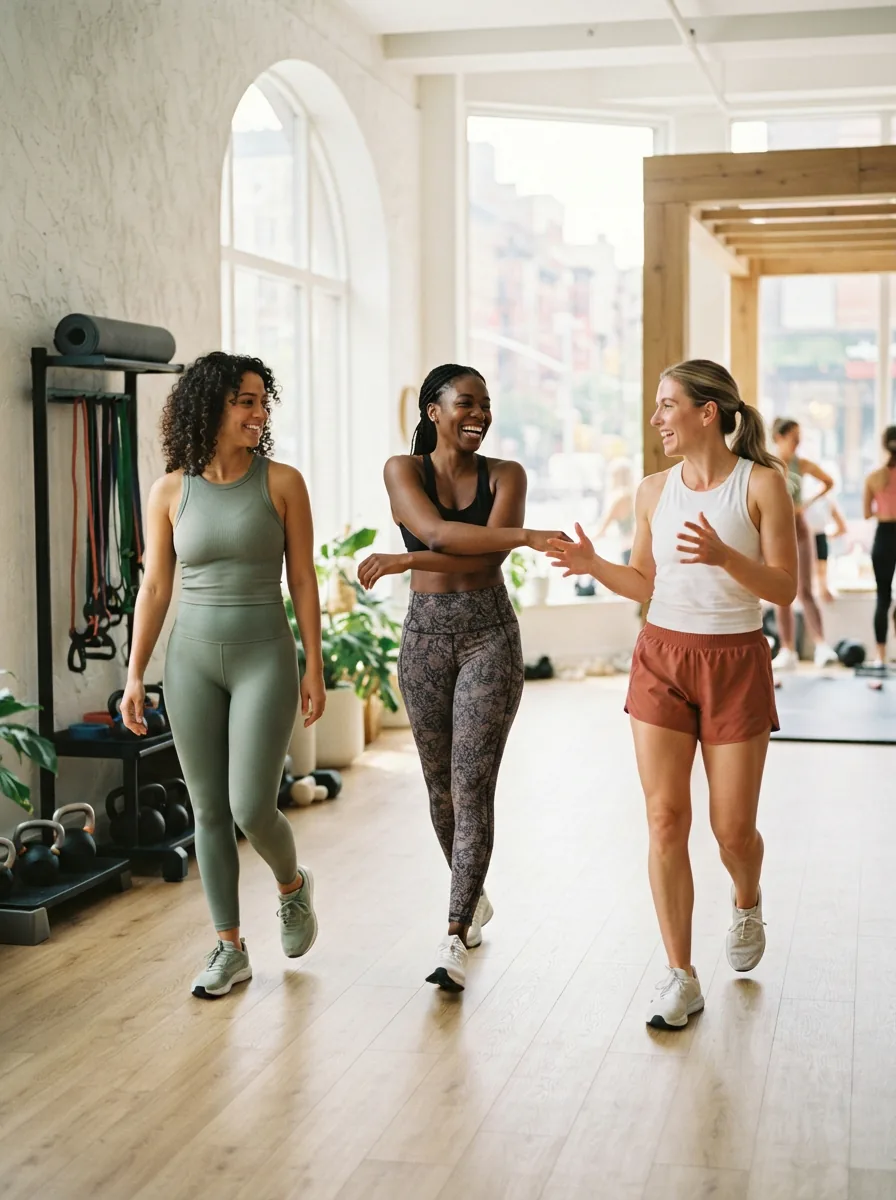 A diverse group of women wearing different Balance Collection activewear pieces in a bright, active setting