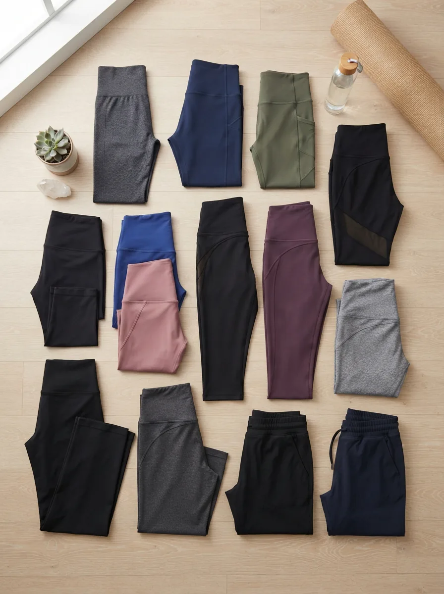A diverse collection of Balance Collection yoga leggings and pants in various styles and colors.