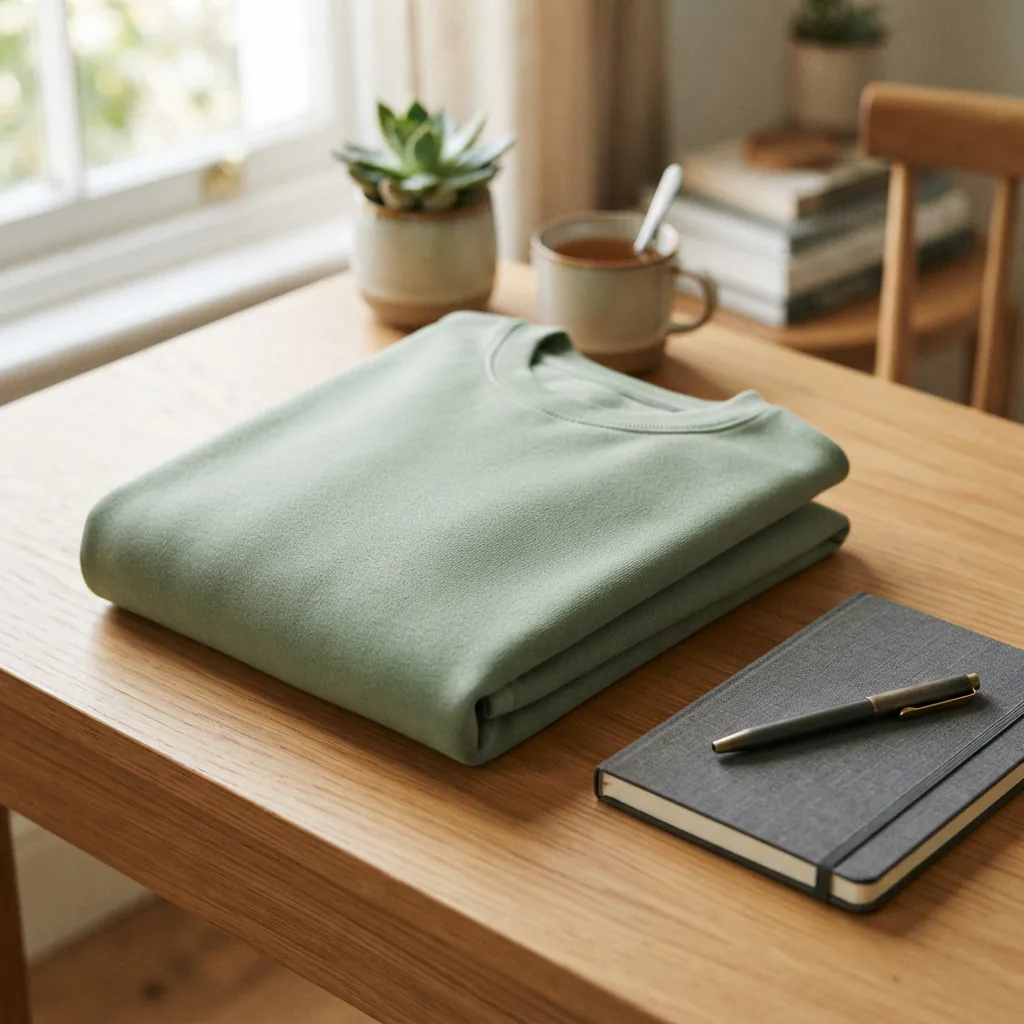 A folded size M Balance Collection sweatshirt next to a notebook and pen
