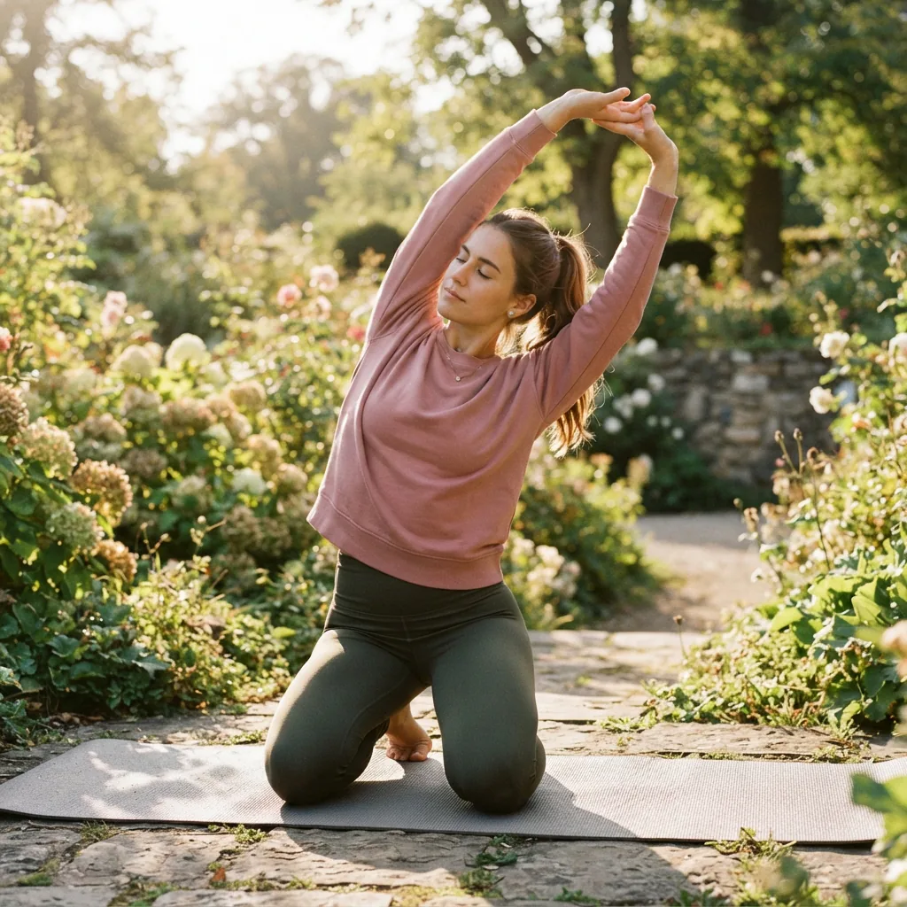 A woman wearing a size M Balance Collection sweatshirt while stretching outdoors
