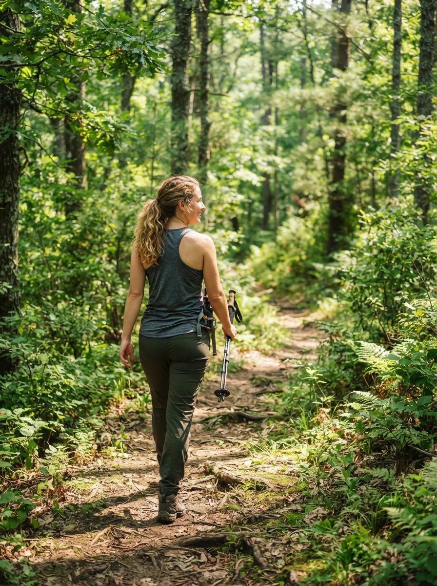 A woman in Balance Collection outdoor pants walking on a scenic, sunlit trail