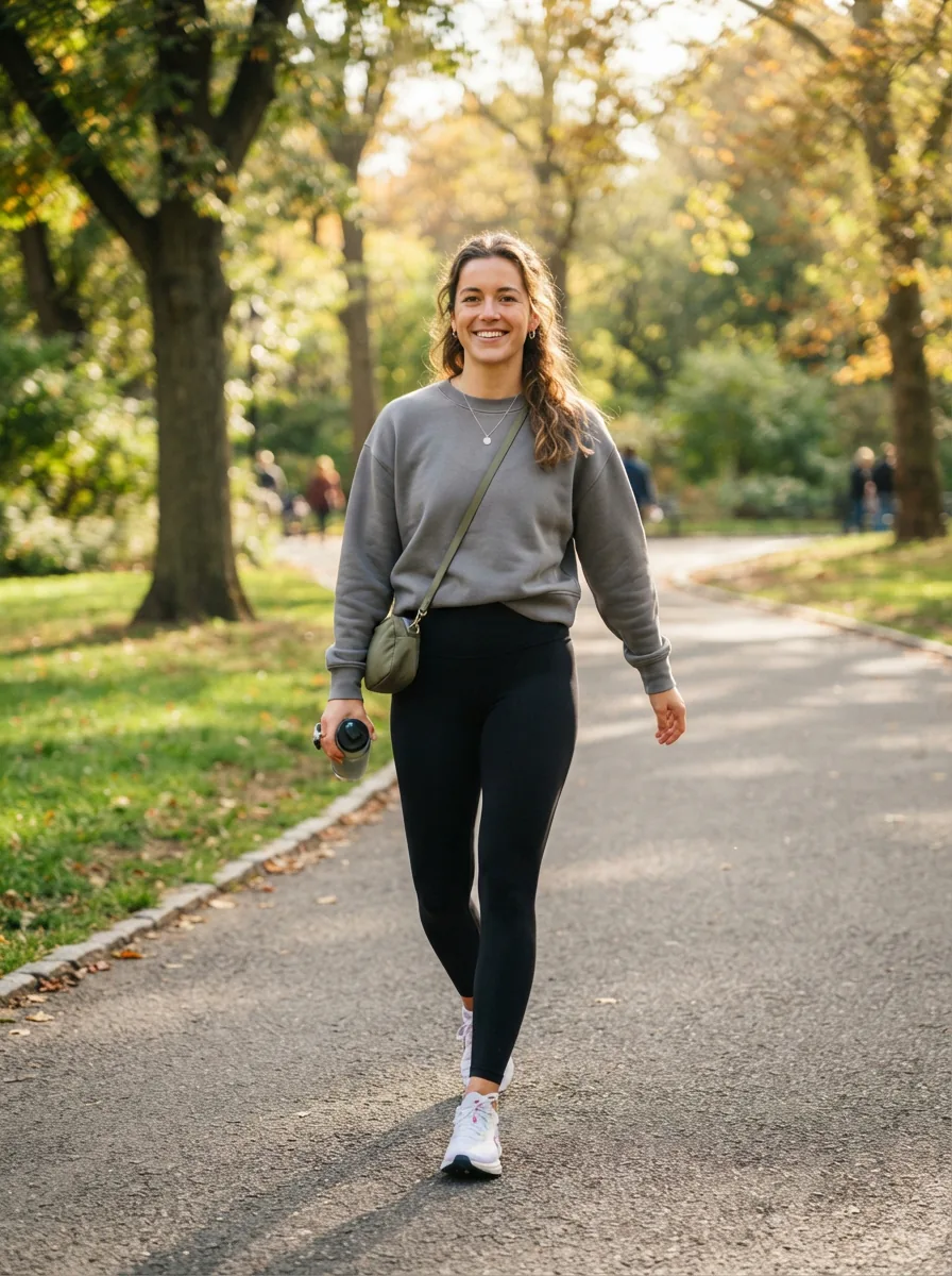 A stylish woman wearing a Balance Collection sweatshirt while walking in a park