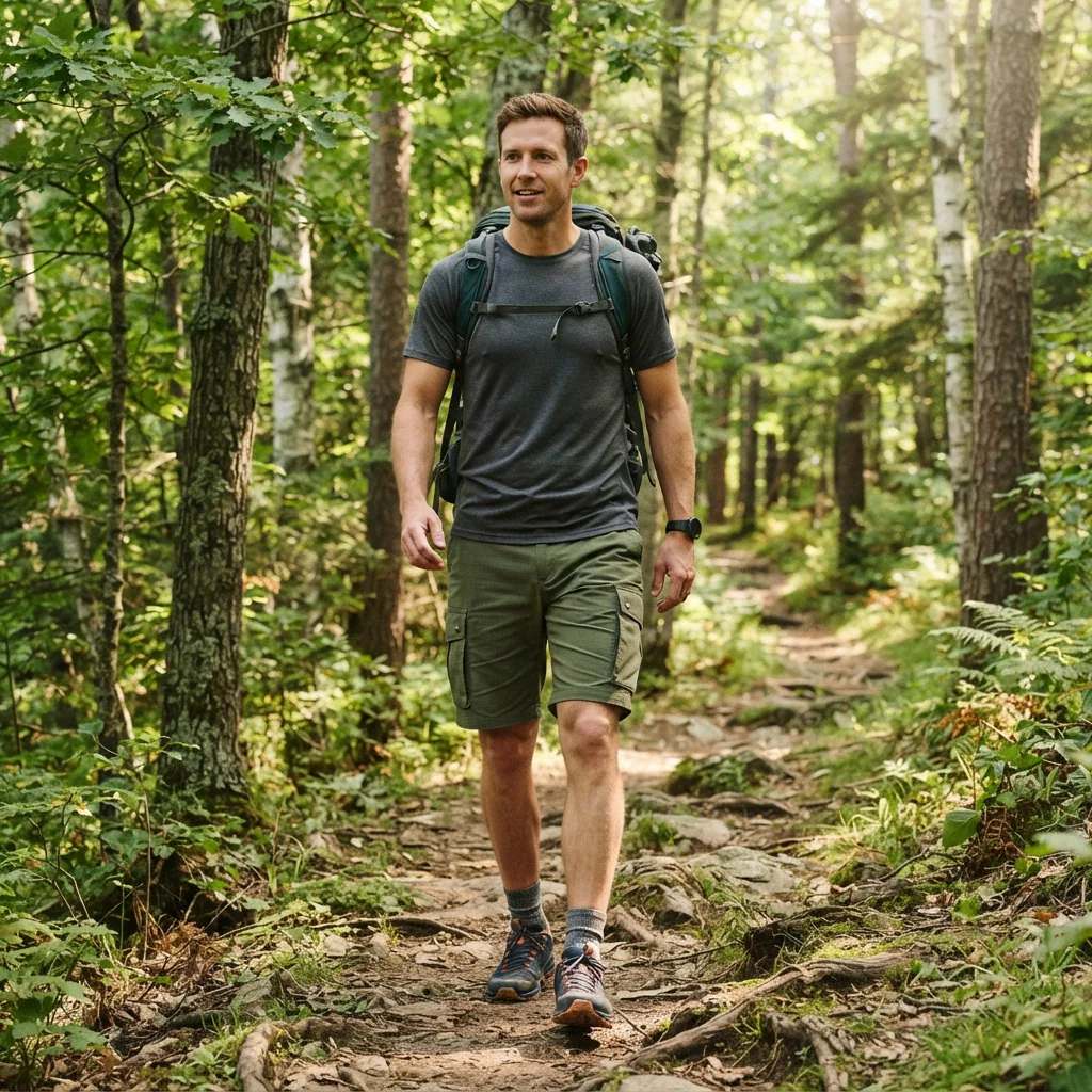 Man hiking on a trail wearing cargo shorts