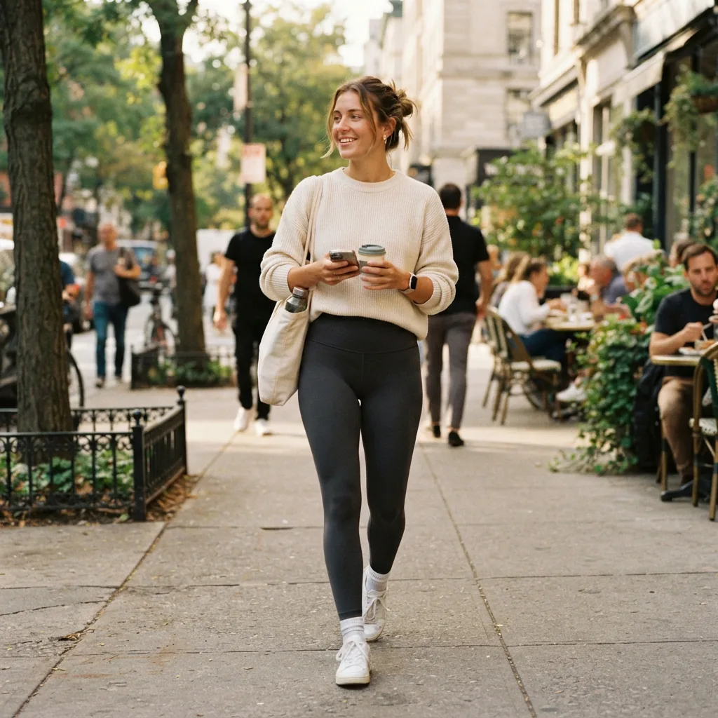 Person walking casually in yoga leggings with a bag, showing everyday use.