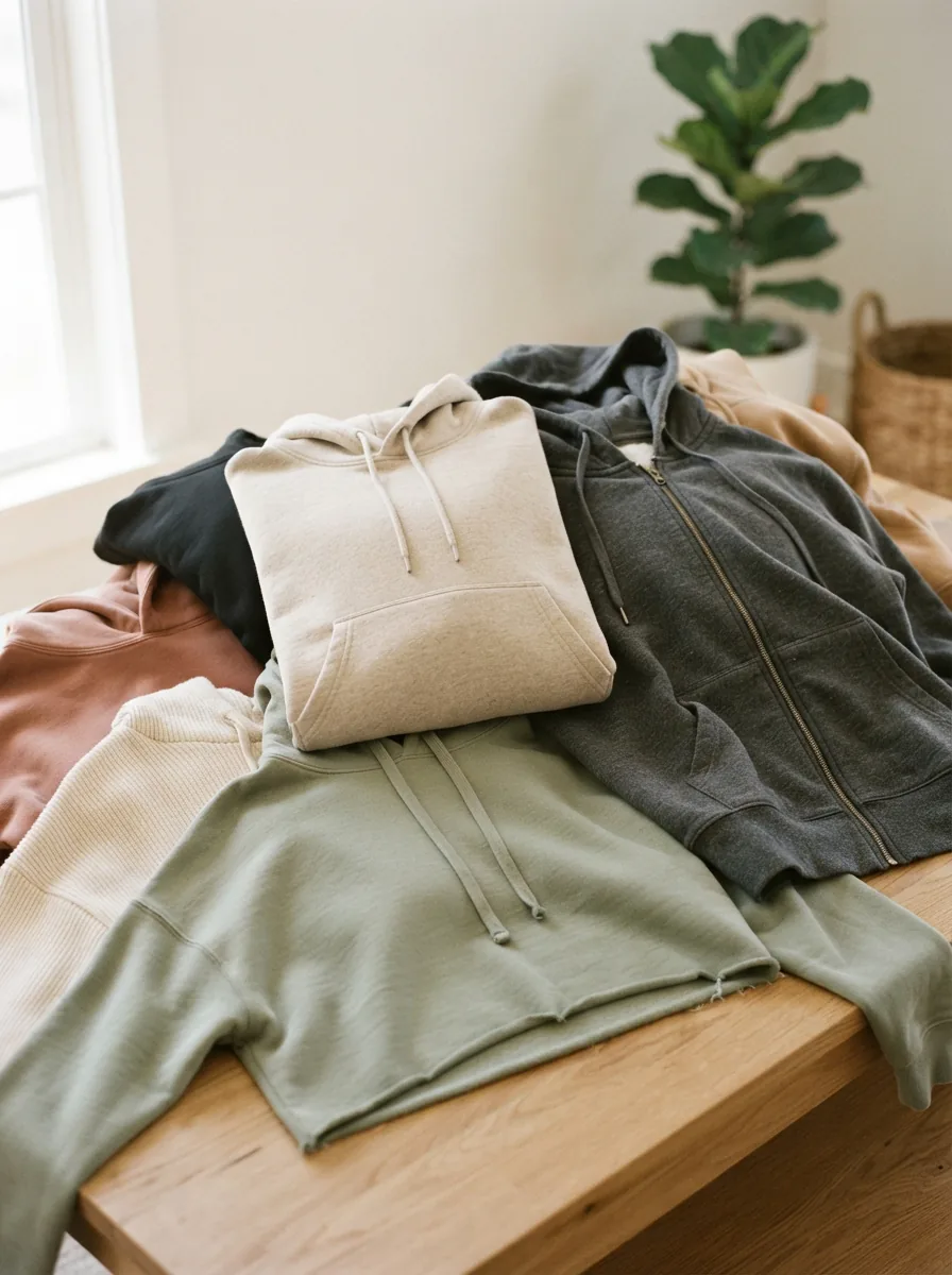 A collection of various Balance Collection hoodies in different styles and colors arranged artistically on a clean, light surface.