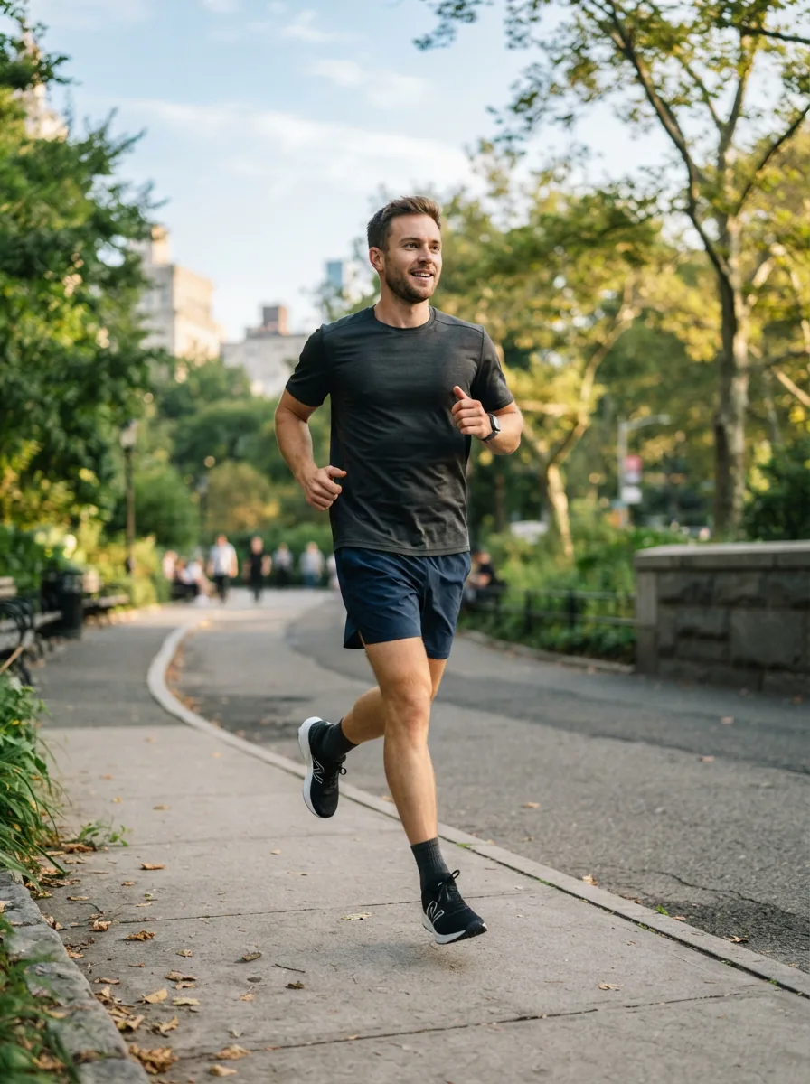 Man jogging on a city sidewalk in athletic shorts
