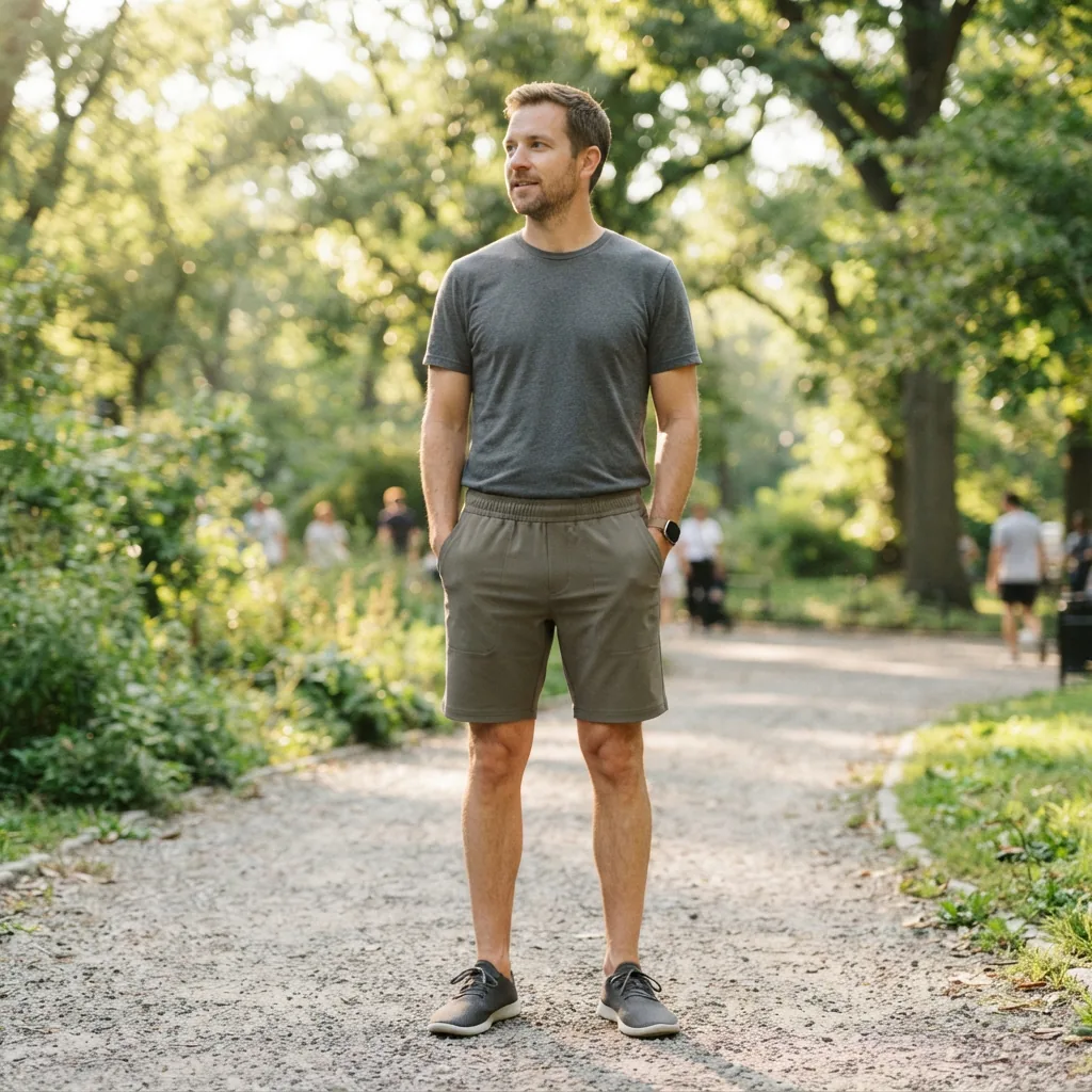 Man standing in a park wearing classic casual shorts