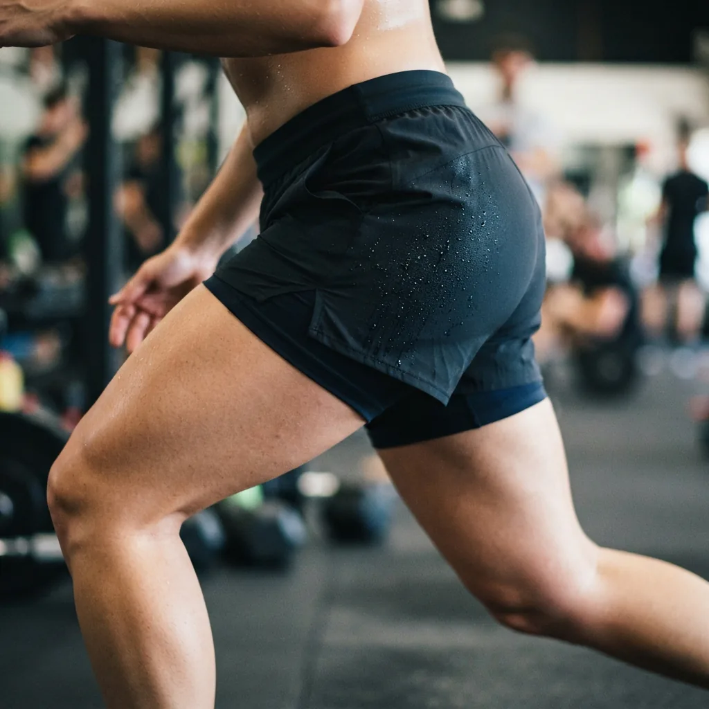 Close-up of performance shorts showing moisture-wicking fabric detail during a workout