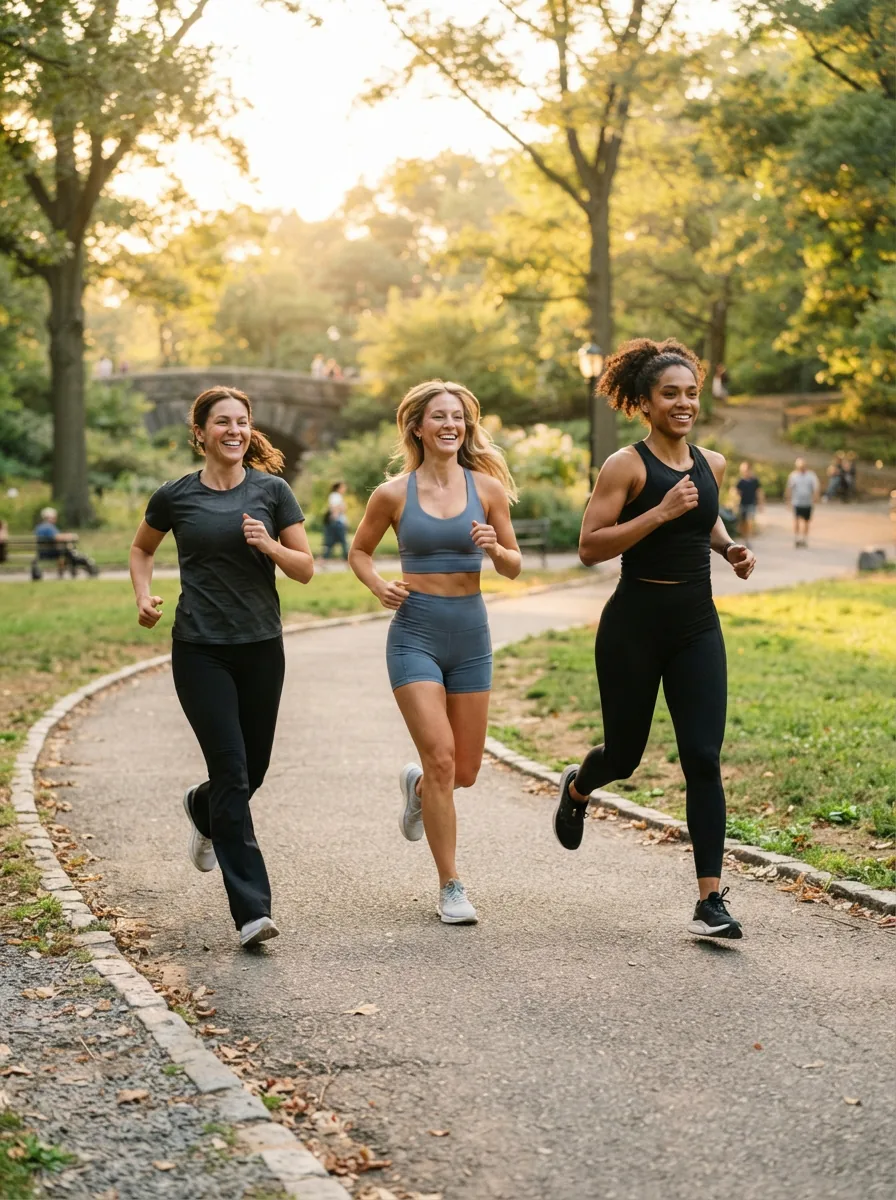 A group of women in varied Balance Collection activewear, smiling and in motion during a light outdoor workout.
