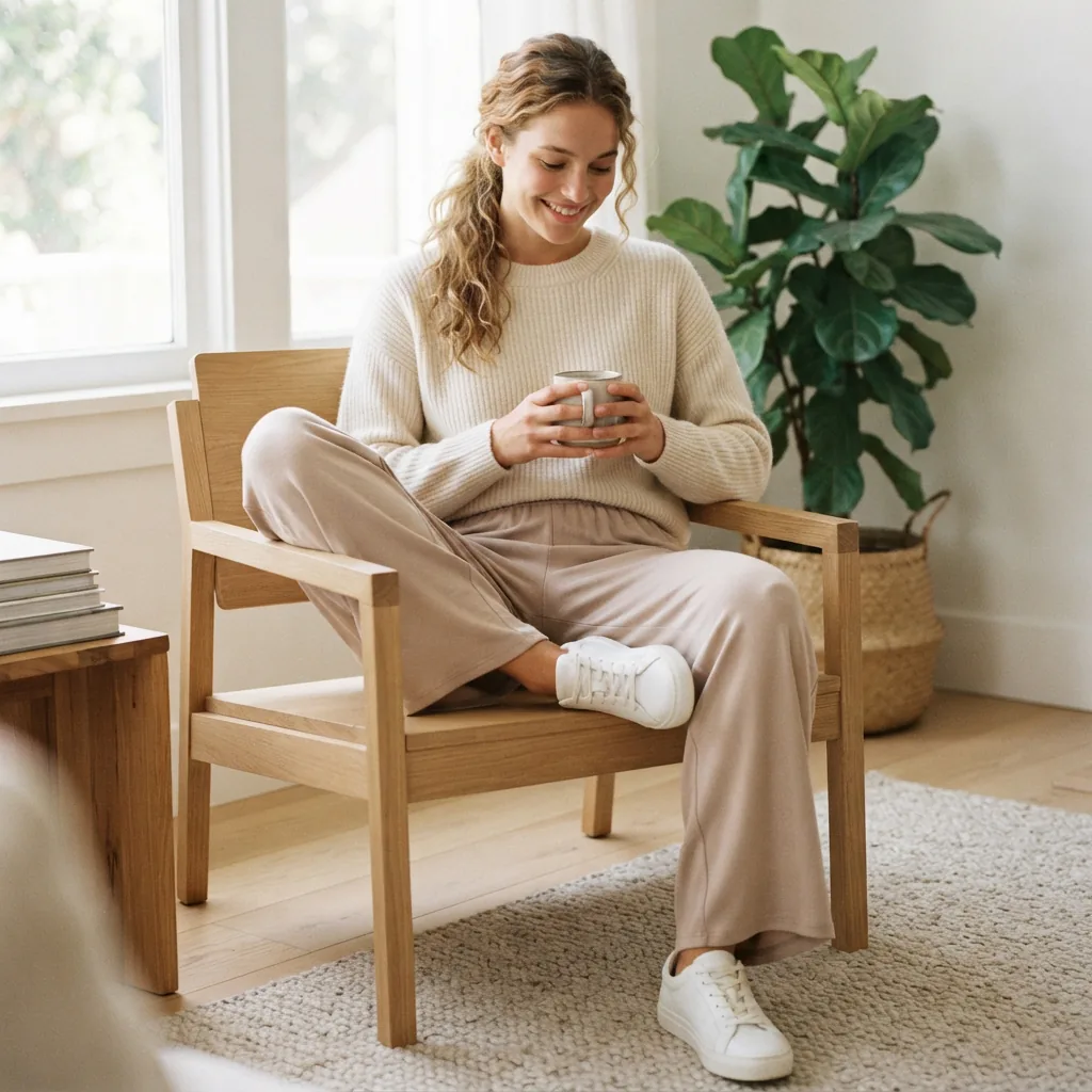 Model wearing the Skylar Wide Leggings in a casual, relaxed setting