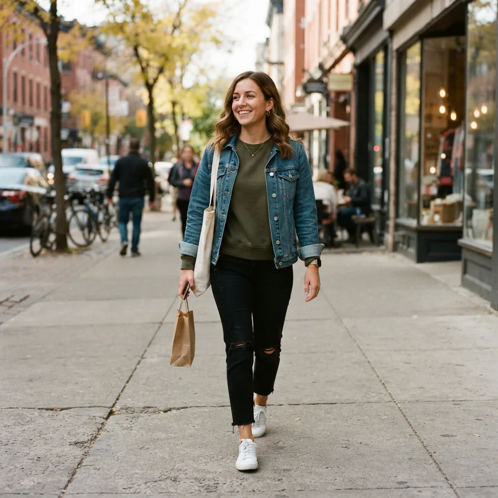 A person wearing a sweatshirt layered under a denim jacket while shopping