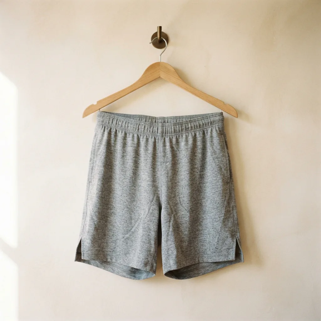Lightweight Balance Collection shorts hanging on a wooden hanger against a sunlit wall