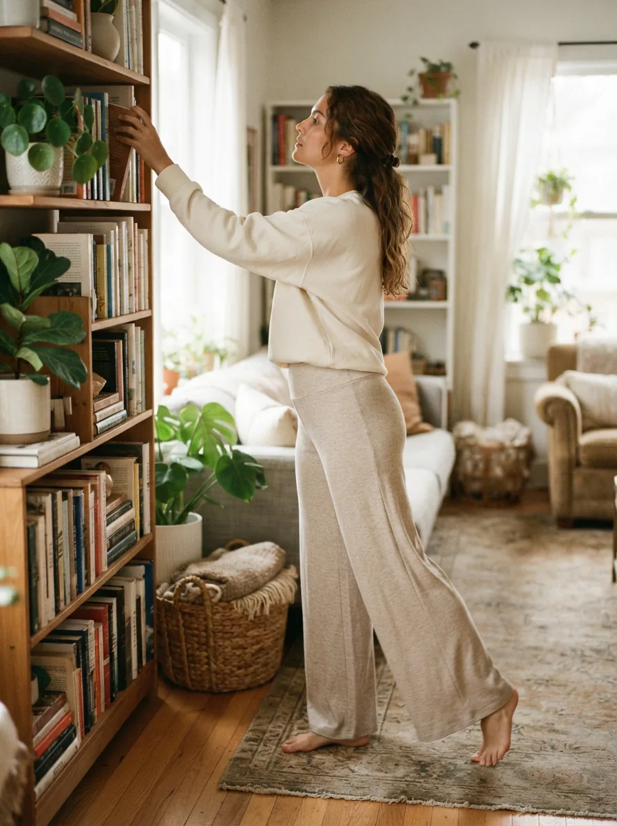 Model wearing the Skylar Wide Leggings in a bright, casual lifestyle setting