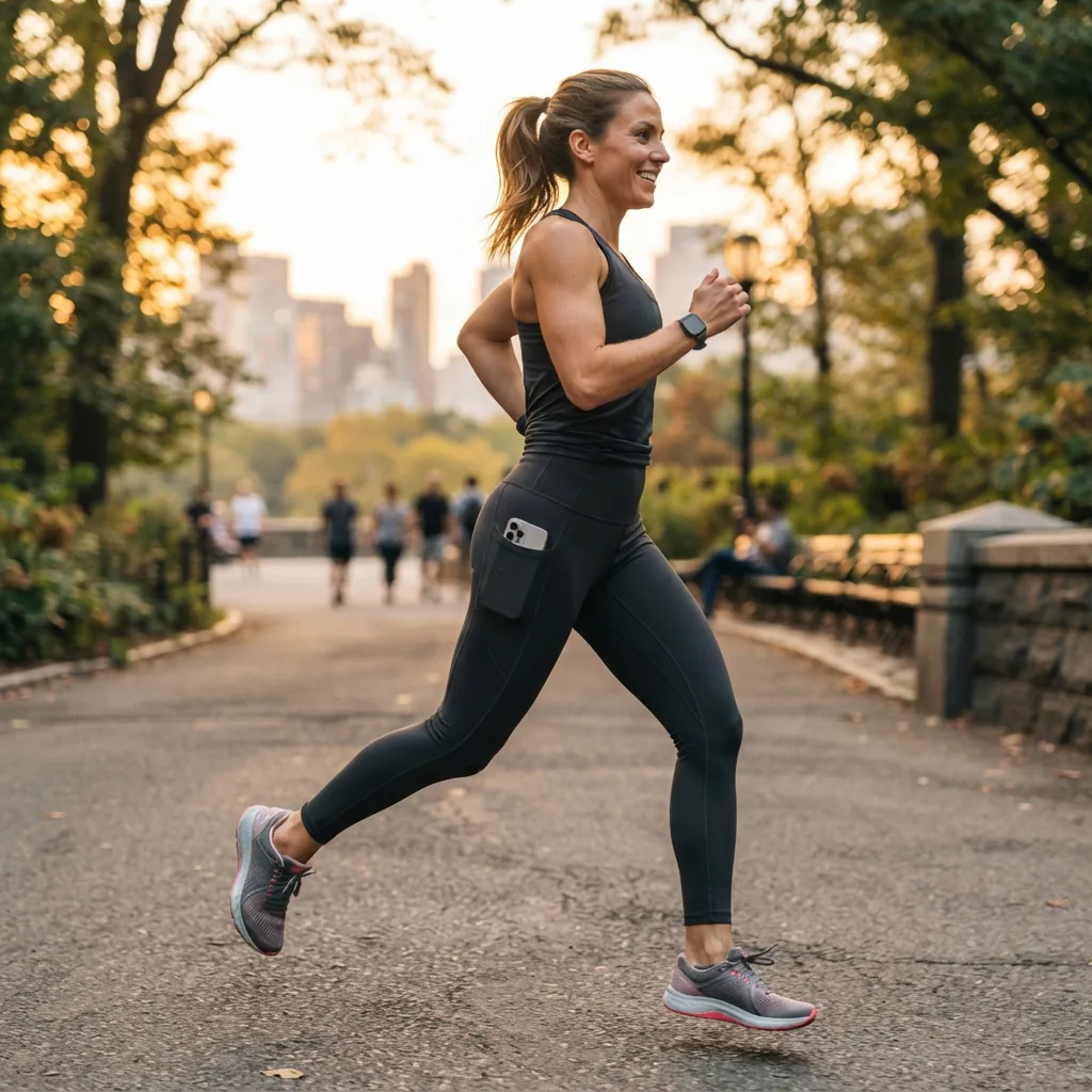 Action shot of a person running in side pocket ankle leggings.