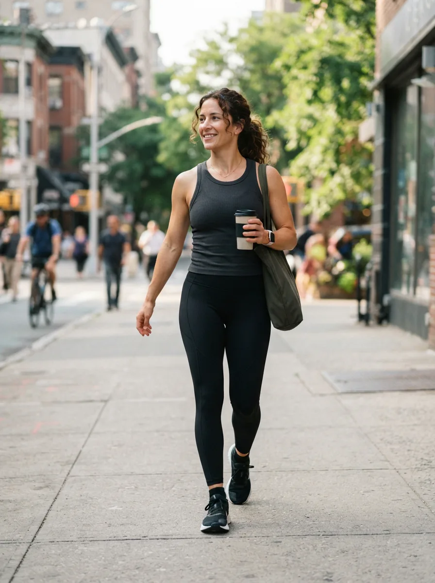 A woman in Balance Collection leggings, moving confidently in a stylish urban environment.