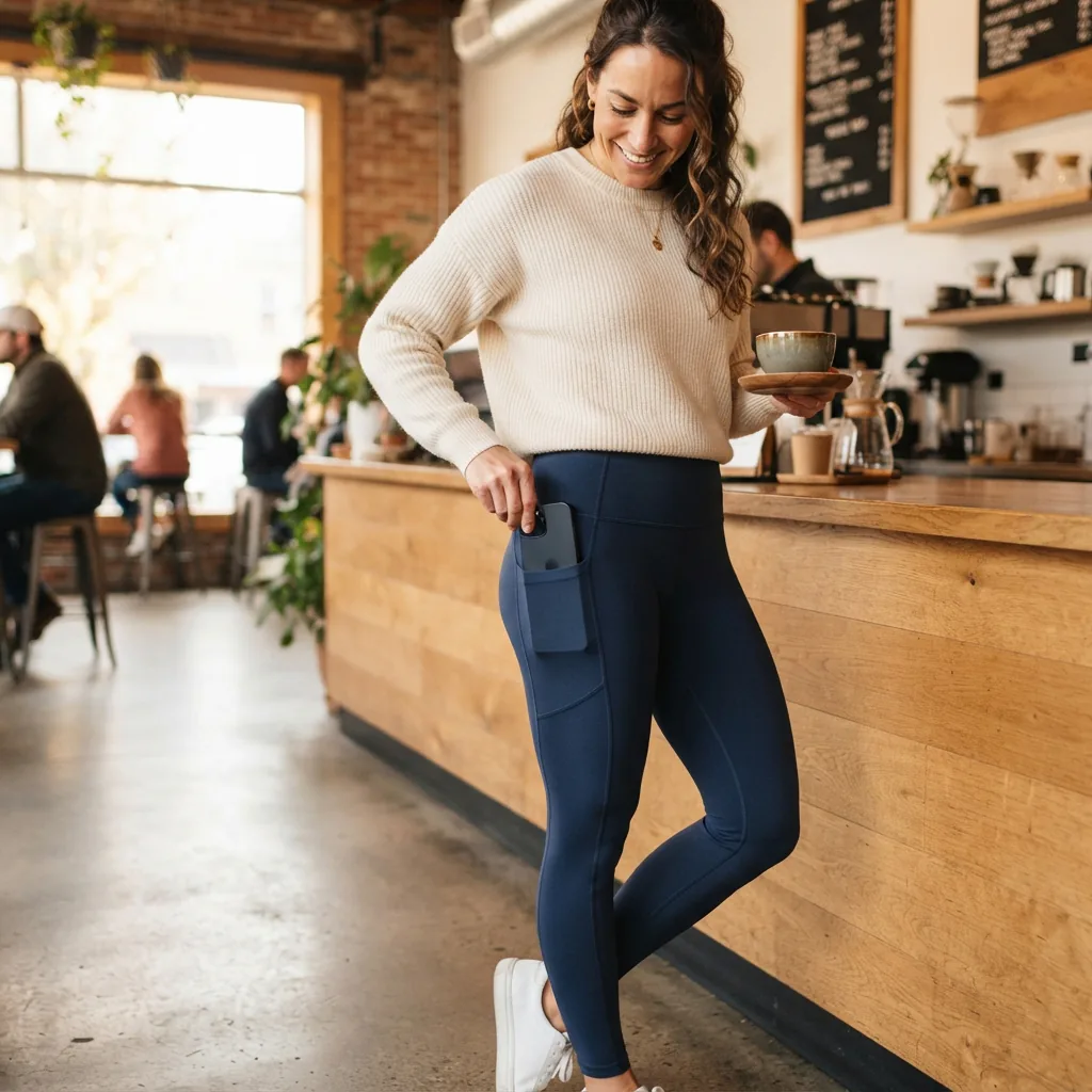 Lifestyle image of a person with a phone in the Sophia legging pocket.