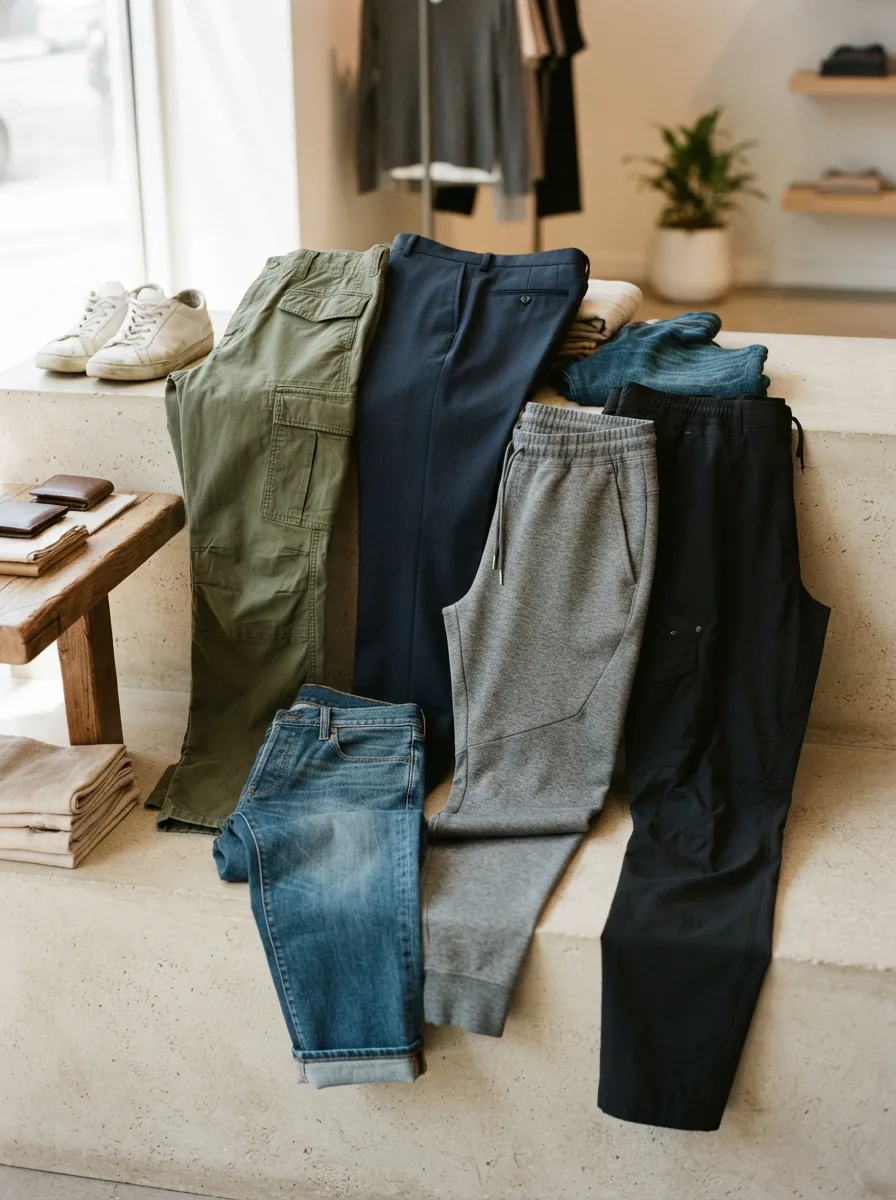 A collection of men's pants in different styles arranged in a modern, minimalist setting