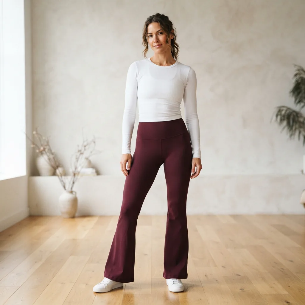 Model wearing the Karma Flare Leggings, showcasing the wide leg opening