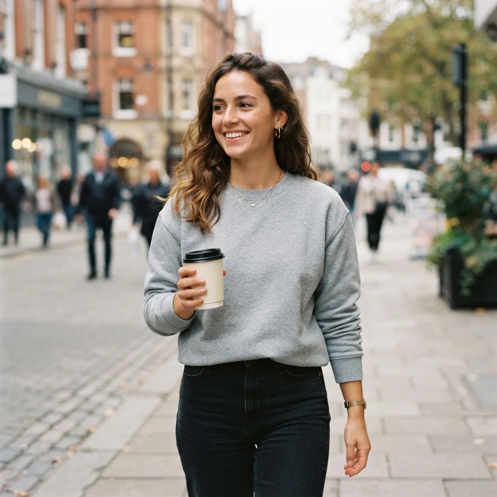 A woman wearing a solid-colored Balance Collection sweatshirt while holding a coffee cup