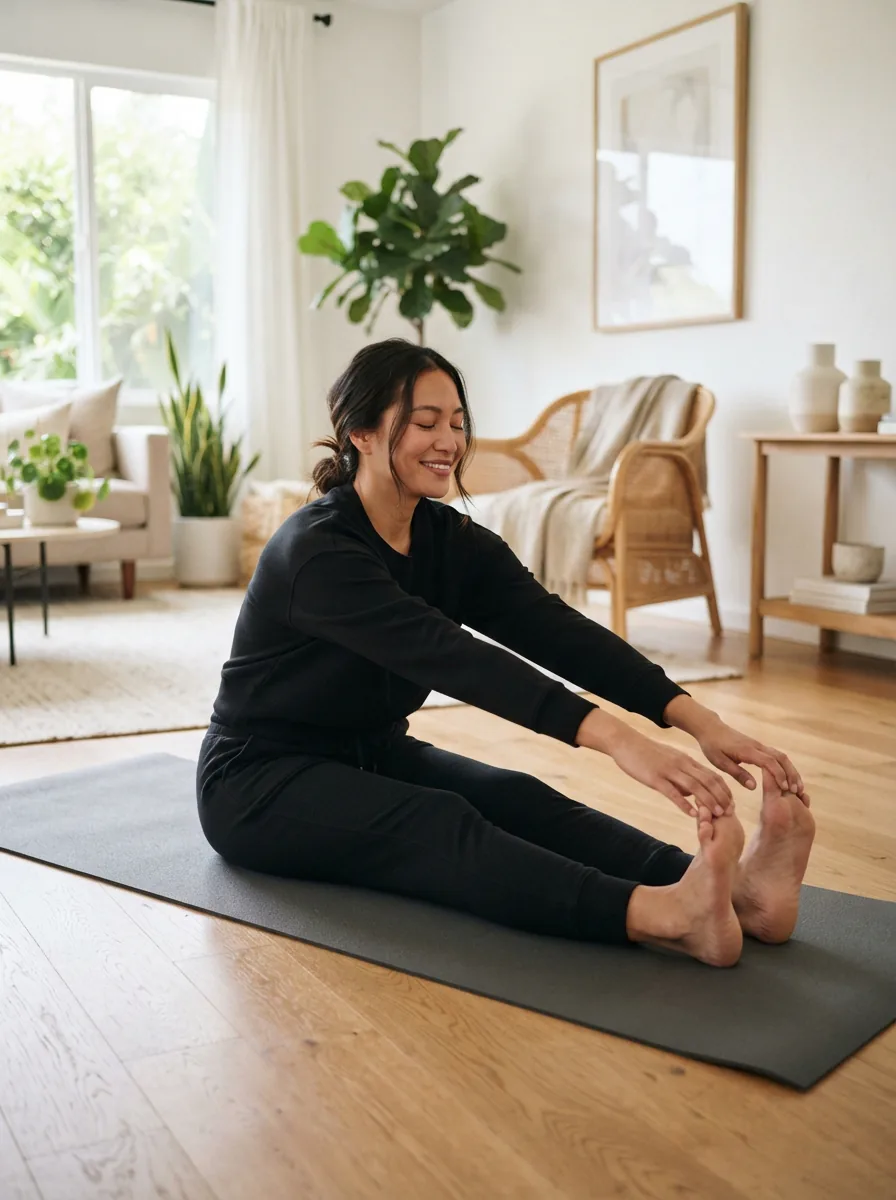 A lifestyle shot of a woman comfortably wearing joggers while stretching at home