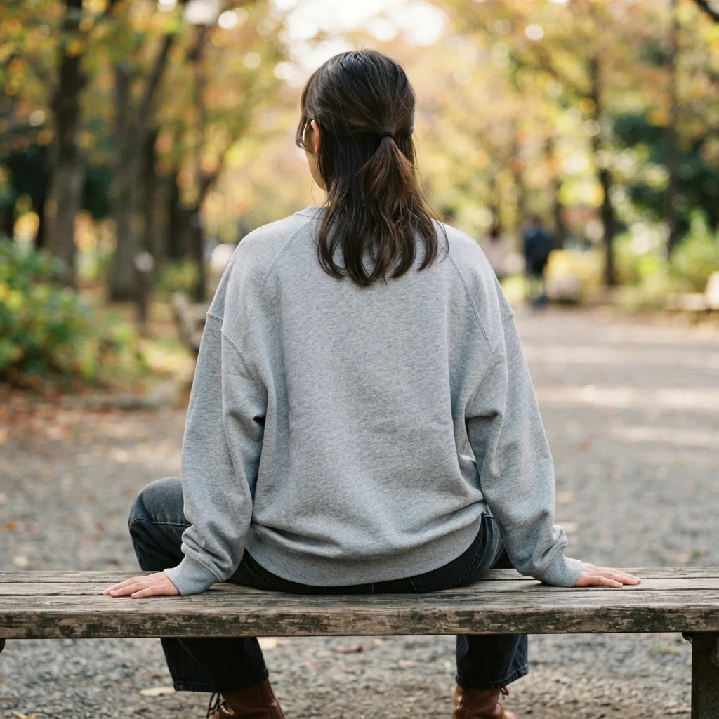 A size XL Balance Collection sweatshirt shown from the back on a person sitting