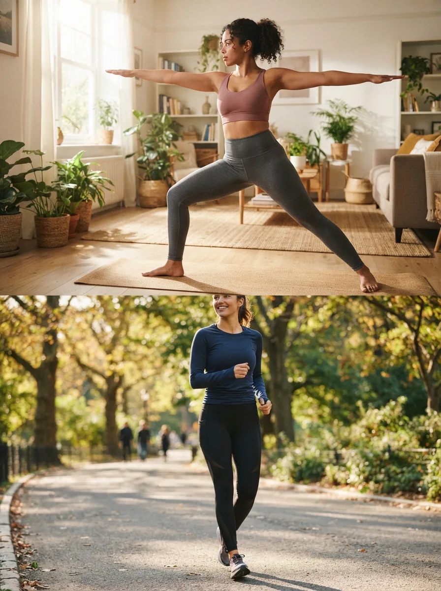 Two women in yoga leggings, one in a living room, one outdoors.