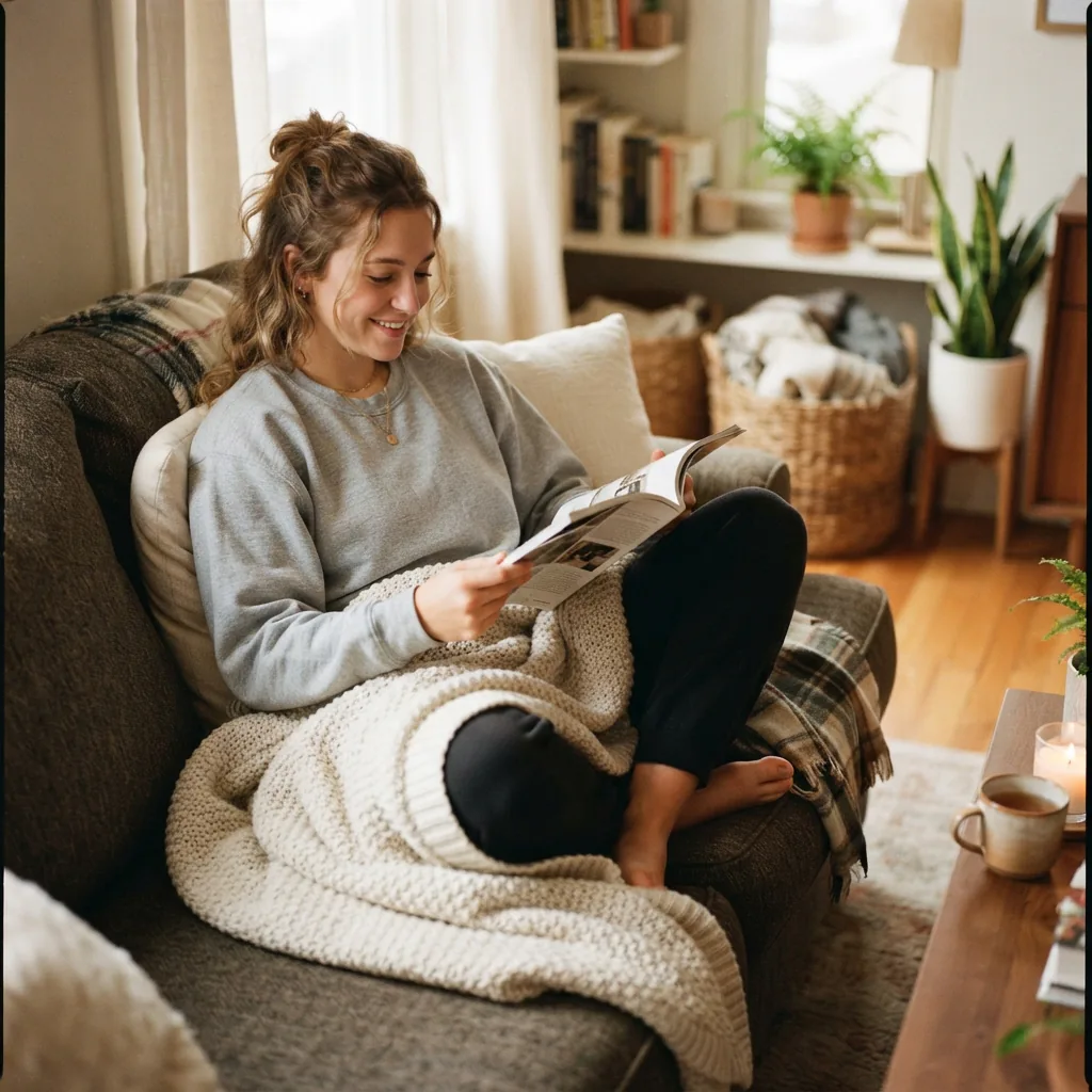 A person lounging on a sofa wearing a sweatshirt