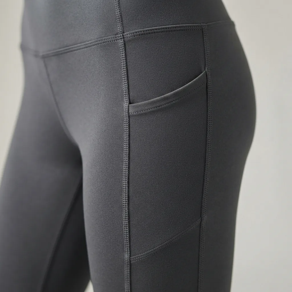 Close-up of the side pocket detail on the Easy Eclipse ankle legging.