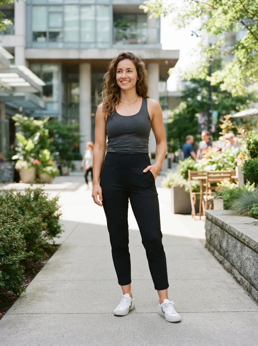 A stylish woman in a versatile Balance Collection pant, standing confidently in a casual, active setting that suggests transition from workout to daily life.