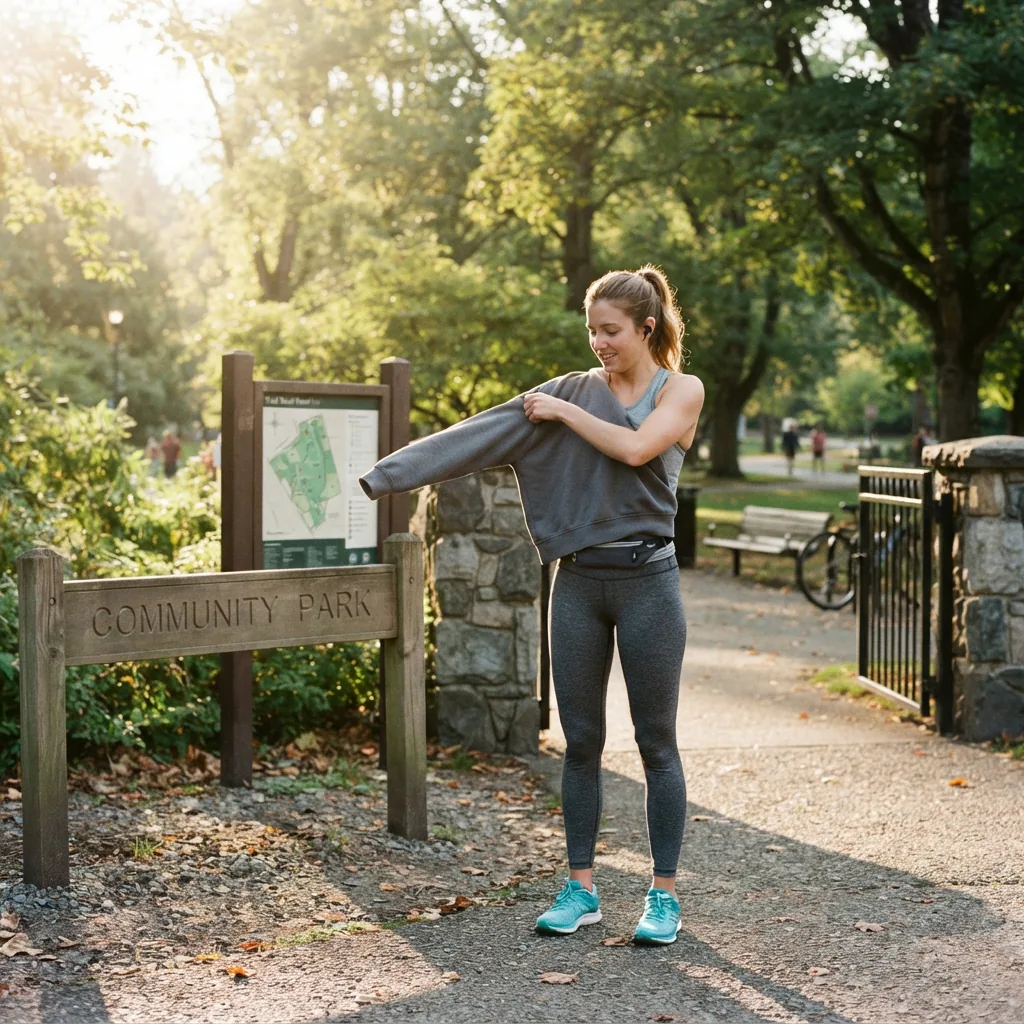 A person putting on a sweatshirt before an outdoor jog