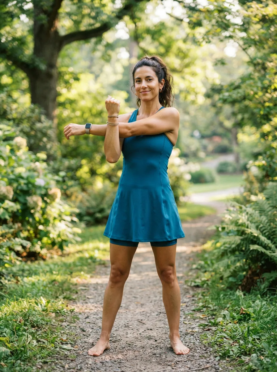 A woman in a Balance Collection A-line athletic dress stretching outdoors in a sunlit park.