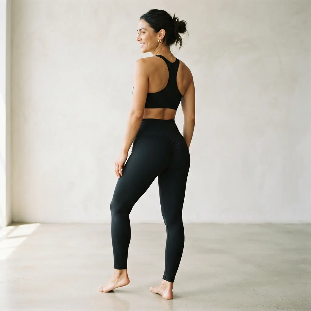 Side-back view of a model wearing scrunch detail leggings.