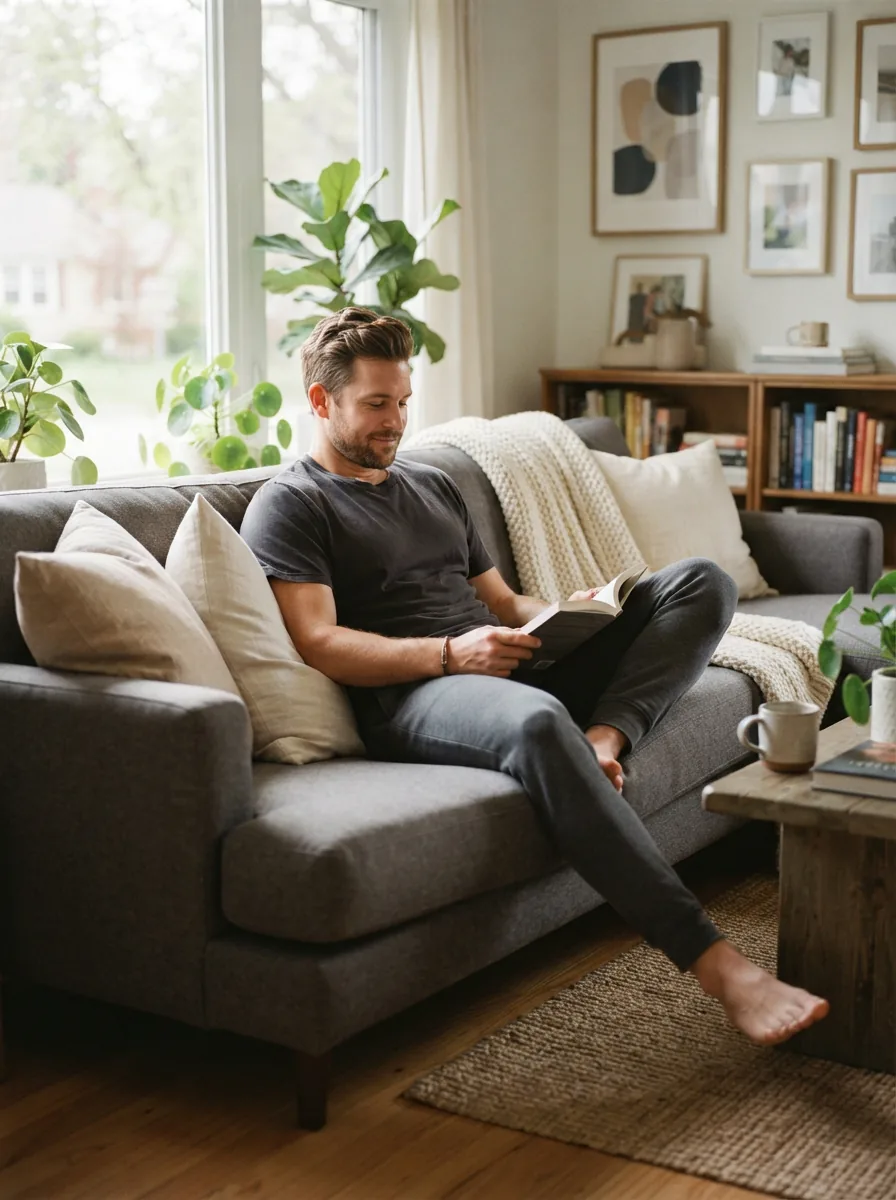 A man comfortably seated on a modern sofa, wearing joggers.